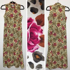 Vintage Floral Leopard Print Long Line Dress, 90s Grunge Animal Print Dress (LB)